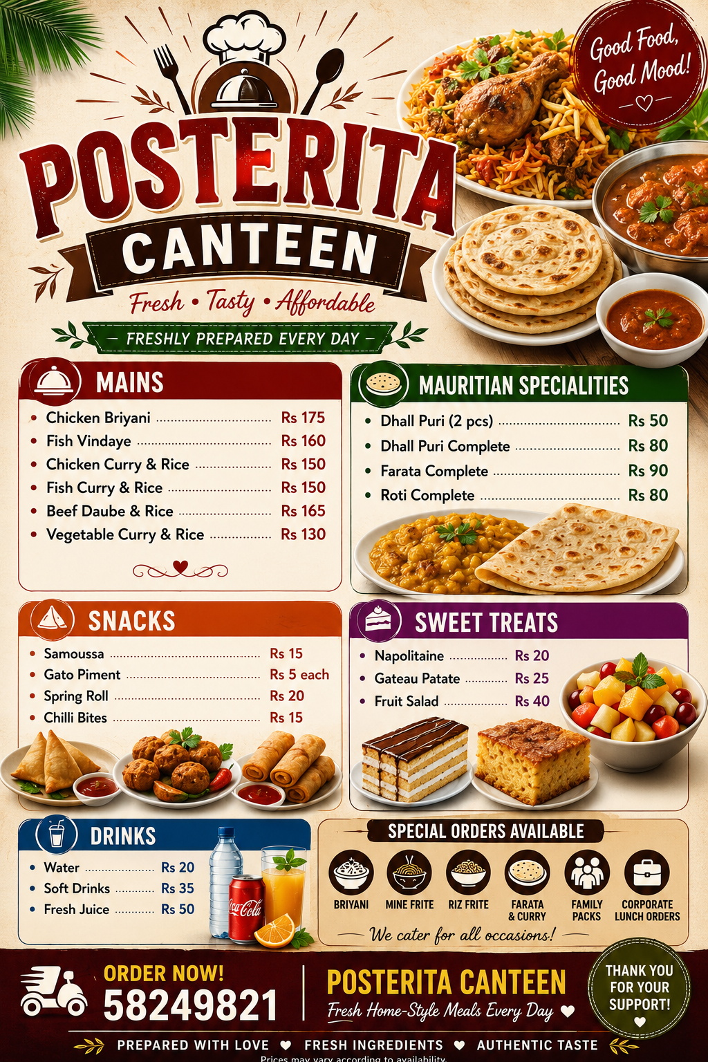Original menu for Posterita Canteen, page 1